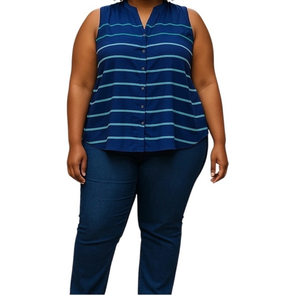 Tommy Hilfiger Navy and Teal Striped Blouse, Size XL
